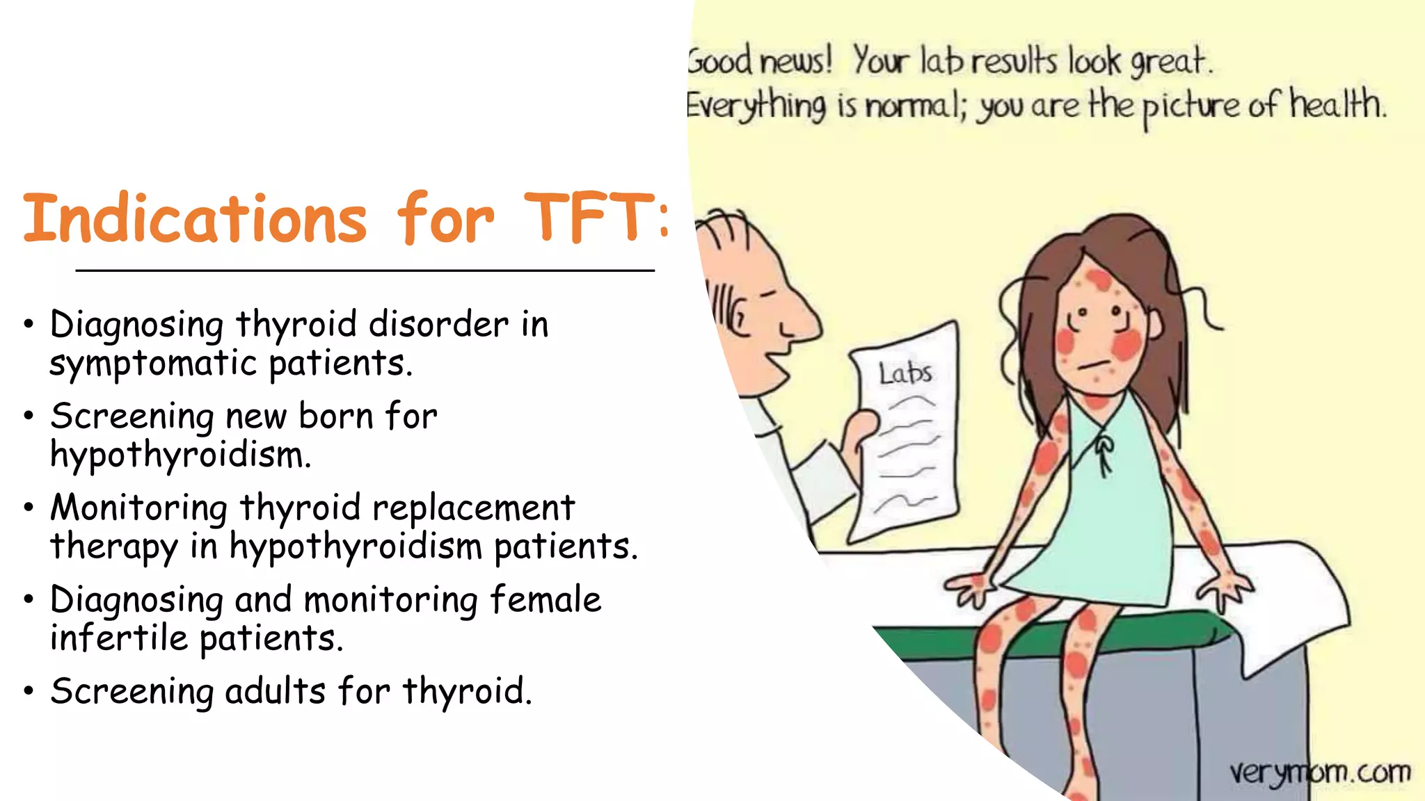 Indications for TFT:
• Diagnosing thyroid disorder in
symptomatic patients.
• Screening new born for
hypothyroidism.
• Monitoring thyroid replacement
therapy in hypothyroidism patients.
• Diagnosing and monitoring female
infertile patients.
• Screening adults for thyroid.
 