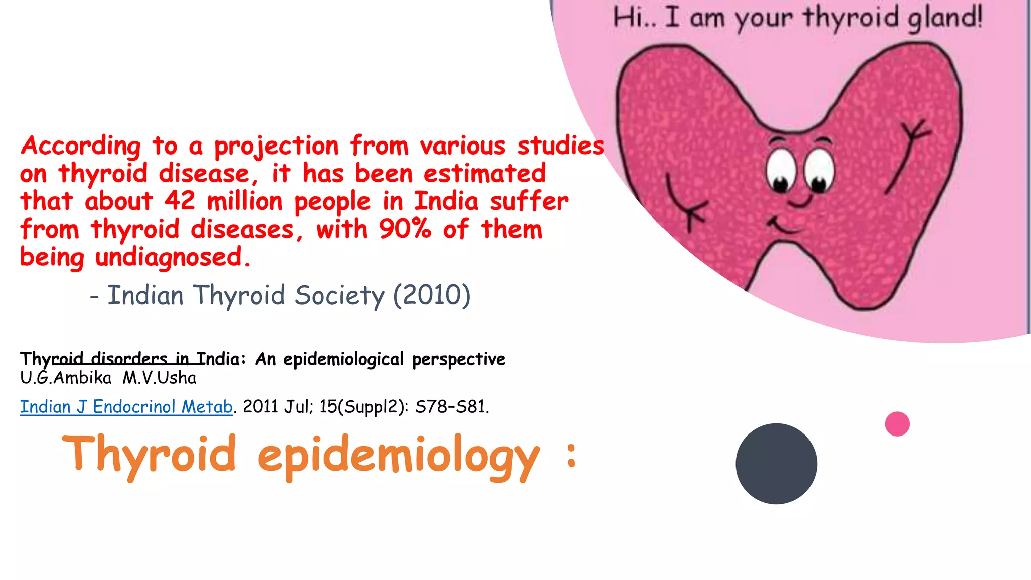 Thyroid epidemiology :
According to a projection from various studies
on thyroid disease, it has been estimated
that about 42 million people in India suffer
from thyroid diseases, with 90% of them
being undiagnosed.
- Indian Thyroid Society (2010)
Thyroid disorders in India: An epidemiological perspective
U.G.Ambika M.V.Usha
Indian J Endocrinol Metab. 2011 Jul; 15(Suppl2): S78–S81.
 