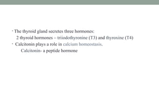 • The thyroid gland secretes three hormones:
2 thyroid hormones – triiodothyronine (T3) and thyroxine (T4)
• Calcitonin plays a role in calcium homeostasis.
Calcitonin- a peptide hormone
 