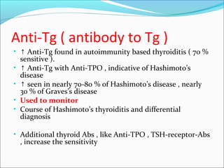 Anti-Tg ( antibody to Tg )
• ↑ Anti-Tg found in autoimmunity based thyroiditis ( 70 %
sensitive ).
• ↑ Anti-Tg with Anti-TPO , indicative of Hashimoto’s
disease
• ↑ seen in nearly 70-80 % of Hashimoto’s disease , nearly
30 % of Graves’s disease
• Used to monitor
• Course of Hashimoto’s thyroiditis and differential
diagnosis
• Additional thyroid Abs , like Anti-TPO , TSH-receptor-Abs
, increase the sensitivity
 