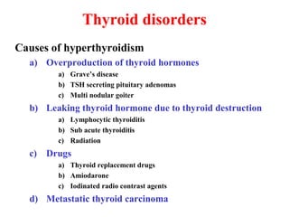 Thyroid disorders
Causes of hyperthyroidism
a) Overproduction of thyroid hormones
a) Grave’s disease
b) TSH secreting pituitary adenomas
c) Multi nodular goiter
b) Leaking thyroid hormone due to thyroid destruction
a) Lymphocytic thyroiditis
b) Sub acute thyroiditis
c) Radiation
c) Drugs
a) Thyroid replacement drugs
b) Amiodarone
c) Iodinated radio contrast agents
d) Metastatic thyroid carcinoma
 