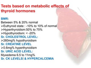 Tests based on metabolic effects of 
thyroid hormones 
BMR: 
Between 5% & 20% normal 
Euthyroid state : -10% to 10% of normal 
Hyperthyroidism:50% to 75% 
Hypothyroidism: < -20% 
Sr. CHOLESTROL LEVEL: 
260mg% hypothyroidism 
Sr. CREATINE LEVEL 
0.6mg% hyperthyroidism 
Sr. URIC ACID LEVEL: 
Myxedema 6.5 to 11mg% 
Sr. CK LEVELS & HYPERCALCEMIA 
 