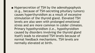 ■ Hypersecretion of TSH by the adenohypophysis
(e.g., because of TSH-secreting pituitary tumors)
causes hyperthyroidism as a result of excessive
stimulation of the thyroid gland. Elevated TSH
levels are also seen with prolonged emotional
stress and are more common in colder climates.
Primary hypothyroidism (i.e., hypothyroidism
caused by disorders involving the thyroid gland
itself) leads to elevated TSH levels because of
normal feedback mechanisms. TSH levels are
normally elevated at birth.
 