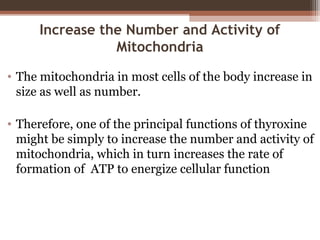 Increase the Number and Activity of
Mitochondria
• The mitochondria in most cells of the body increase in
size as well as number.
• Therefore, one of the principal functions of thyroxine
might be simply to increase the number and activity of
mitochondria, which in turn increases the rate of
formation of ATP to energize cellular function
 
