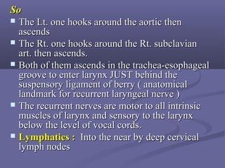 SoSo
 The Lt. one hooks around the aortic thenThe Lt. one hooks around the aortic then
ascendsascends
 The Rt. one hooks around the Rt. subclavianThe Rt. one hooks around the Rt. subclavian
art. then ascends.art. then ascends.
 Both of them ascends in the trachea-esophagealBoth of them ascends in the trachea-esophageal
groove to enter larynx JUST behind thegroove to enter larynx JUST behind the
suspensory ligament of berry ( anatomicalsuspensory ligament of berry ( anatomical
landmark for recurrent laryngeal nerve )landmark for recurrent laryngeal nerve )
 The recurrent nerves are motor to all intrinsicThe recurrent nerves are motor to all intrinsic
muscles of larynx and sensory to the larynxmuscles of larynx and sensory to the larynx
below the level of vocal cords.below the level of vocal cords.
 Lymphatics :Lymphatics : Into the near by deep cervicalInto the near by deep cervical
lymph nodeslymph nodes
 
