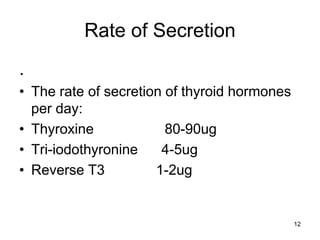 12
Rate of Secretion
.
• The rate of secretion of thyroid hormones
per day:
• Thyroxine 80-90ug
• Tri-iodothyronine 4-5ug
• Reverse T3 1-2ug
 