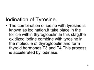 6
Iodination of Tyrosine.
• The combination of iodine with tyrosine is
known as iodination.It take place in the
follicle within thyroglobulin.In this stag,the
oxidized iodine combine with tyrosine in
the molecule of thyroglobulin and form
thyroid hormones,T3 and T4.This process
is accelerated by iodinase.
 