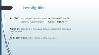 Investigation
🠶 Labs: primary hyperthyroidism --------Low TSH—High T3 Free T4
secondery hyperthyroidism------High TSH---High T3 F T4
Neck us: according to the cause: diffuse enlargement or nodular
cystic or solid
radioactive iodine : hot nodule or diffuse uptake
 