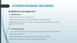 HYPERTHYROIDISM TREATMENT
🠶 Medical management
⮚ Methimazole
1st-line drug Not used in pregnancy
• Inhibits peroxidases and prevents iodine–tyrosine coupling
• Side effects: cretinism in newborns (crosses placenta), aplastic anemia,
agranulocytosis (rare)
⮚ PTU (thioamides)
not used 1st line anymore due to hepatotoxicity (especially in children)
• Safe with pregnancy
• Inhibits peroxidases and prevents iodine–tyrosine coupling
• Side effects: aplastic anemia, agranulocytosis (rare)
 