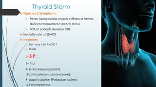 Thyroid Storm
❖ Signs and Symptoms:
⮚ Fever, tachycardia, muscle stiffness or tremor,
disorientation/altered mental status
⮚ 50% of patients develop CHF
❖ Mortality rate of 20-40%
❖ Treatment:
⮚ Best way is to AVOID it
⮚ Fluids,
⮚5 P :
1- PTU
2- β-blockers(propranlol),
3-corticosteroids(prednisolone),
4- Lugol’s solution (Potassium iodine),
5-Plasmapheresis
 