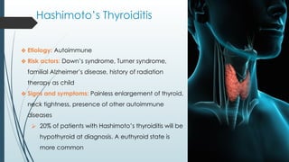 Hashimoto’s Thyroiditis
❖ Etiology: Autoimmune
❖ Risk actors: Down’s syndrome, Turner syndrome,
familial Alzheimer’s disease, history of radiation
therapy as child
❖ Signs and symptoms: Painless enlargement of thyroid,
neck tightness, presence of other autoimmune
diseases
⮚ 20% of patients with Hashimoto’s thyroiditis will be
hypothyroid at diagnosis. A euthyroid state is
more common
 