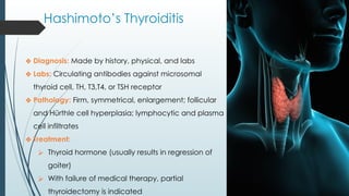Hashimoto’s Thyroiditis
❖ Diagnosis: Made by history, physical, and labs
❖ Labs: Circulating antibodies against microsomal
thyroid cell, TH, T3,T4, or TSH receptor
❖ Pathology: Firm, symmetrical, enlargement; follicular
and Hürthle cell hyperplasia; lymphocytic and plasma
cell infiltrates
❖ Treatment:
⮚ Thyroid hormone (usually results in regression of
goiter)
⮚ With failure of medical therapy, partial
thyroidectomy is indicated
 