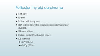 ⚫F:M (3:1)
⚫40-60y
⚫Iodine deficiency area
⚫FNA is insufficient in diagnosis capsular/vascular
invasion
⚫LN mets <10%
⚫Distant mets 10% (lung & bone)
⚫10y survival
⚫<40Y (95%)
⚫40-60y (80%)
Follicular thyroid carcinoma
 