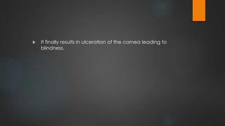  It finally results in ulceration of the cornea leading to
blindness.
 