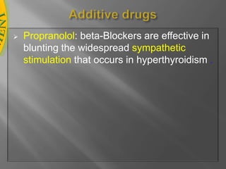Symptoms & treatment of HyperthyroidismSymptoms are high metabolic rate, increased temperature,sweating, nervousness, tremor, tachycardia,increased  appetite, loss of weight,goitre and protrusion of the eyeballs                         (exophthalmia). 