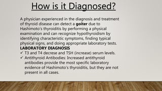 How is it Diagnosed?
A physician experienced in the diagnosis and treatment
of thyroid disease can detect a goiter due to
Hashimoto’s thyroiditis by performing a physical
examination and can recognize hypothyroidism by
identifying characteristic symptoms, finding typical
physical signs, and doing appropriate laboratory tests.
LABORATORY DIAGNOSIS
 T3 and T4 decrese and TSH (increase) serum levels.
 Antithyroid Antibodies: Increased antithyroid
antibodies provide the most specific laboratory
evidence of Hashimoto’s thyroiditis, but they are not
present in all cases.
 