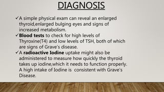 DIAGNOSIS
A simple physical exam can reveal an enlarged
thyroid,enlarged bulging eyes and signs of
increased metabolism.
Blood tests to check for high levels of
Thyroxine(T4) and low levels of TSH, both of which
are signs of Grave’s disease.
A radioactive Iodine uptake might also be
administered to measure how quickly the thyroid
takes up iodine,which it needs to function properly.
A high intake of Iodine is consistent with Grave’s
Disease.
 