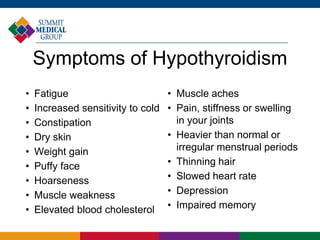Symptoms of Hypothyroidism
• Fatigue
• Increased sensitivity to cold
• Constipation
• Dry skin
• Weight gain
• Puffy face
• Hoarseness
• Muscle weakness
• Elevated blood cholesterol
• Muscle aches
• Pain, stiffness or swelling
in your joints
• Heavier than normal or
irregular menstrual periods
• Thinning hair
• Slowed heart rate
• Depression
• Impaired memory
 
