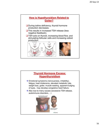 20‐Sep‐13
16
How is Hypothyroidism Related to
Goiter?
During iodine deficiency, thyroid hormone
production decreases.
This results in increased TSH release (less
negative feedback).
TSH acts on thyroid, increasing blood flow, and
stimulating follicular cells and increasing colloid
production.
Thyroid Hormone Excess:
Hyperthyroidism
 Emotional symptoms (nervousness, irritability),
fatigue, heat intolerance, elevated metabolic rate,
weight loss, goiter, muscle wasting, apparent bulging
of eyes, may develop congestive heart failure.
 Also due to many causes (excessive TSH release,
autoimmune disorders,…)
 
