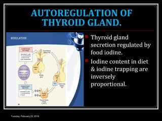 AUTOREGULATION OF
THYROID GLAND.
 Thyroid gland
secretion regulated by
food iodine.
 Iodine content in diet
& iodine trapping are
inversely
proportional.
Tuesday, February 20, 2018
 