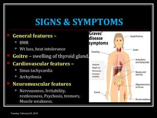 SIGNS & SYMPTOMS
 General features –
 BMR
 Wt loss, heat intolerance
 Goitre – swelling of thyroid gland.
 Cardiovascular features –
 Sinus tachycardia
 Arrhythmia
 Neuromuscular features
 Nervousness, Irritability,
restlessness, Psychosis, tremors,
Muscle weakness.
Tuesday, February 20, 2018
 