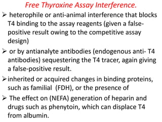 Free Thyroxine Assay Interference.
 heterophile or anti-animal interference that blocks
T4 binding to the assay reagents (given a false-
positive result owing to the competitive assay
design)
 or by antianalyte antibodies (endogenous anti- T4
antibodies) sequestering the T4 tracer, again giving
a false-positive result.
inherited or acquired changes in binding proteins,
such as familial (FDH), or the presence of
 The effect on (NEFA) generation of heparin and
drugs such as phenytoin, which can displace T4
from albumin.
 