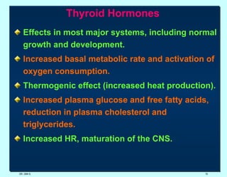 Thyroid Hormones  Effects in most major systems, including normal growth and development. Increased basal metabolic rate and activation of oxygen consumption.   Thermogenic effect (increased heat production). Increased plasma glucose and free fatty acids, reduction in plasma cholesterol and triglycerides.   Increased HR, maturation of the CNS. DR. UMA K. 