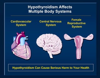 Hypothyroidism Affects Multiple Body Systems Central Nervous  System Female  Reproductive  System Cardiovascular  System   Hypothyroidism Can Cause Serious Harm to Your Health 