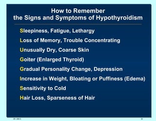 How to Remember the Signs and Symptoms of Hypothyroidism S leepiness, Fatigue, Lethargy L oss of Memory, Trouble Concentrating U nusually Dry, Coarse Skin G oiter (Enlarged Thyroid) G radual Personality Change, Depression I ncrease in Weight, Bloating or Puffiness (Edema) S ensitivity to Cold H air Loss, Sparseness of Hair DR. UMA K. 