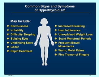 Common Signs and Symptoms of Hyperthyroidism Nervousness Irritability Difficulty Sleeping Bulging Eyes Unblinking Stare Goiter Rapid Heartbeat Increased Sweating Heat Intolerance Unexplained Weight Loss Scant Menstrual Periods Frequent Bowel Movements Warm, Moist Palms Fine Tremor of Fingers DR. UMA K. May Include: 