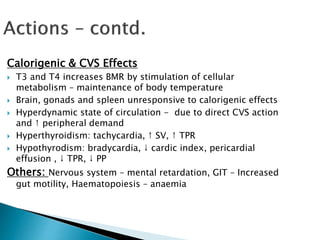 Calorigenic & CVS Effects 
 T3 and T4 increases BMR by stimulation of cellular 
metabolism – maintenance of body temperature 
 Brain, gonads and spleen unresponsive to calorigenic effects 
 Hyperdynamic state of circulation - due to direct CVS action 
and ↑ peripheral demand 
 Hyperthyroidism: tachycardia, ↑ SV, ↑ TPR 
 Hypothyrodism: bradycardia, ↓ cardic index, pericardial 
effusion , ↓ TPR, ↓ PP 
Others: Nervous system – mental retardation, GIT – Increased 
gut motility, Haematopoiesis – anaemia 
 