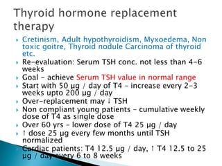  Cretinism, Adult hypothyroidism, Myxoedema, Non 
toxic goitre, Thyroid nodule Carcinoma of thyroid 
etc. 
 Re-evaluation: Serum TSH conc. not less than 4-6 
weeks 
 Goal - achieve Serum TSH value in normal range 
 Start with 50 μg / day of T4 – increase every 2-3 
weeks upto 200 μg / day 
 Over-replacement may ↓ TSH 
 Non compliant young patients – cumulative weekly 
dose of T4 as single dose 
 Over 60 yrs – lower dose of T4 25 μg / day 
 ↑ dose 25 μg every few months until TSH 
normalized 
 Cardiac patients: T4 12.5 μg / day, ↑ T4 12.5 to 25 
μg / day every 6 to 8 weeks 
 