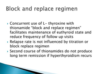  Concurrent use of L- thyroxine with 
thionamide “block and replace regimen” 
facilitates maintenance of euthyroid state and 
reduce frequency of follow up visits 
 Relapse rate is not influenced by titration or 
block replace regimen 
 Second course of thionamides do not produce 
long term remission if hyperthyroidism recurs 
 