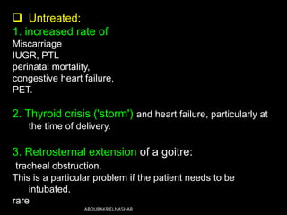  Untreated:
1. increased rate of
Miscarriage
IUGR, PTL
perinatal mortality,
congestive heart failure,
PET.
2. Thyroid crisis ('storm') and heart failure, particularly at
the time of delivery.
3. Retrosternal extension of a goitre:
tracheal obstruction.
This is a particular problem if the patient needs to be
intubated.
rare
ABOUBAKR ELNASHAR
 