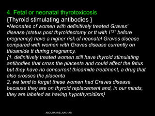 4. Fetal or neonatal thyrotoxicosis
{Thyroid stimulating antibodies }
Neonates of women with definitively treated Graves’
disease (status post thyroidectomy or tt with I131 before
pregnancy) have a higher risk of neonatal Graves disease
compared with women with Graves disease currently on
thioamide tt during pregnancy.
{1. definitively treated women still have thyroid stimulating
antibodies that cross the placenta and could affect the fetus
but they have no concurrent thioamide treatment, a drug that
also crosses the placenta
2. we tend to forget these women had Graves disease
because they are on thyroid replacement and, in our minds,
they are labeled as having hypothyroidism}
ABOUBAKR ELNASHAR
 