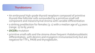 Thyroblastoma
• An embryonal high-grade thyroid neoplasm composed of primitive
thyroid-like follicular cells surrounded by a primitive small cell
component and mesenchymal stroma with variable differentiation
• a striking predilection for females (3: 1) with a median age of 43 years
(range: 17 to 65 years)
• DICER1 mutation
• primitive small cells and the stroma show frequent rhabdomyoblastic
differentiation, with desmin and myogenin immunoreactivity but are
negative forTTF1, PAX8 and thyroglobulin.
Thyroblastoma
 