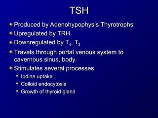 TSH
TSH
Produced by Adenohypophysis Thyrotrophs
Produced by Adenohypophysis Thyrotrophs
Upregulated by TRH
Upregulated by TRH
Downregulated by T
Downregulated by T4
4, T
, T3
3
Travels through portal venous system to
Travels through portal venous system to
cavernous sinus, body.
cavernous sinus, body.
Stimulates several processes
Stimulates several processes

Iodine uptake
Iodine uptake

Colloid endocytosis
Colloid endocytosis

Growth of thyroid gland
Growth of thyroid gland
 