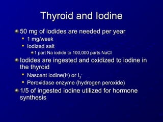 Thyroid and Iodine
Thyroid and Iodine
50 mg of iodides are needed per year
50 mg of iodides are needed per year

1 mg/week
1 mg/week

Iodized salt
Iodized salt
1 part Na iodide to 100,000 parts NaCl
1 part Na iodide to 100,000 parts NaCl
Iodides are ingested and oxidized to iodine in
Iodides are ingested and oxidized to iodine in
the thyroid
the thyroid

Nascent iodine(I
Nascent iodine(Io
o
) or I
) or I3
3
-
-

Peroxidase enzyme (hydrogen peroxide)
Peroxidase enzyme (hydrogen peroxide)
1/5 of ingested iodine utilized for hormone
1/5 of ingested iodine utilized for hormone
synthesis
synthesis
 