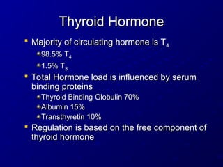 Thyroid Hormone
Thyroid Hormone

Majority of circulating hormone is T
Majority of circulating hormone is T4
4
98.5% T
98.5% T4
4
1.5% T
1.5% T3
3

Total Hormone load is influenced by serum
Total Hormone load is influenced by serum
binding proteins
binding proteins
Thyroid Binding Globulin 70%
Thyroid Binding Globulin 70%
Albumin 15%
Albumin 15%
Transthyretin 10%
Transthyretin 10%

Regulation is based on the free component of
Regulation is based on the free component of
thyroid hormone
thyroid hormone
 