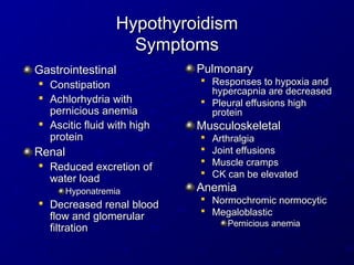 Hypothyroidism
Hypothyroidism
Symptoms
Symptoms
Gastrointestinal
Gastrointestinal

Constipation
Constipation

Achlorhydria with
Achlorhydria with
pernicious anemia
pernicious anemia

Ascitic fluid with high
Ascitic fluid with high
protein
protein
Renal
Renal

Reduced excretion of
Reduced excretion of
water load
water load
Hyponatremia
Hyponatremia

Decreased renal blood
Decreased renal blood
flow and glomerular
flow and glomerular
filtration
filtration
Pulmonary
Pulmonary

Responses to hypoxia and
Responses to hypoxia and
hypercapnia are decreased
hypercapnia are decreased

Pleural effusions high
Pleural effusions high
protein
protein
Musculoskeletal
Musculoskeletal

Arthralgia
Arthralgia

Joint effusions
Joint effusions

Muscle cramps
Muscle cramps

CK can be elevated
CK can be elevated
Anemia
Anemia

Normochromic normocytic
Normochromic normocytic

Megaloblastic
Megaloblastic
Pernicious anemia
Pernicious anemia
 