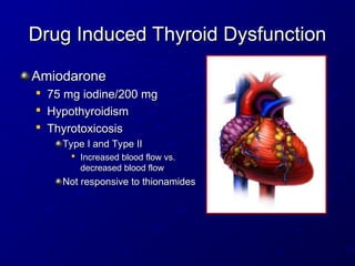 Drug Induced Thyroid Dysfunction
Drug Induced Thyroid Dysfunction
Amiodarone
Amiodarone

75 mg iodine/200 mg
75 mg iodine/200 mg

Hypothyroidism
Hypothyroidism

Thyrotoxicosis
Thyrotoxicosis
Type I and Type II
Type I and Type II

Increased blood flow vs.
Increased blood flow vs.
decreased blood flow
decreased blood flow
Not responsive to thionamides
Not responsive to thionamides
 