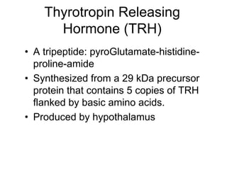 Thyrotropin Releasing
Hormone (TRH)
• A tripeptide: pyroGlutamate-histidine-
proline-amide
• Synthesized from a 29 kDa precursor
protein that contains 5 copies of TRH
flanked by basic amino acids.
• Produced by hypothalamus
 