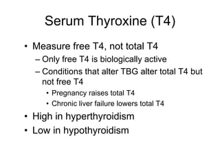 Serum Thyroxine (T4)
• Measure free T4, not total T4
– Only free T4 is biologically active
– Conditions that alter TBG alter total T4 but
not free T4
• Pregnancy raises total T4
• Chronic liver failure lowers total T4
• High in hyperthyroidism
• Low in hypothyroidism
 
