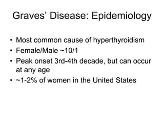 Graves’ Disease: Epidemiology
• Most common cause of hyperthyroidism
• Female/Male ~10/1
• Peak onset 3rd-4th decade, but can occur
at any age
• ~1-2% of women in the United States
 