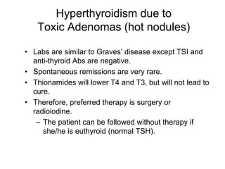 Hyperthyroidism due to
Toxic Adenomas (hot nodules)
• Labs are similar to Graves’ disease except TSI and
anti-thyroid Abs are negative.
• Spontaneous remissions are very rare.
• Thionamides will lower T4 and T3, but will not lead to
cure.
• Therefore, preferred therapy is surgery or
radioiodine.
– The patient can be followed without therapy if
she/he is euthyroid (normal TSH).
 