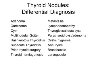 Thyroid Nodules:
Differential Diagnosis
Adenoma
Carcinoma
Cyst
Multinodular Goiter
Hashimoto’s Thyroiditis
Subacute Thyroiditis
Prior thyroid surgery
Thyroid hemiagenesis
Metastasis
Lymphadenopathy
Thyroglossal duct cyst
Parathyroid cyst/adenoma
Cystic hygroma
Aneurysm
Bronchocele
Laryngocele
 