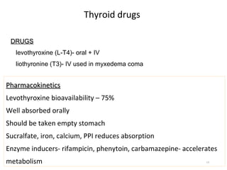13
Thyroid drugs
PharmacokineticsPharmacokinetics
Levothyroxine bioavailability – 75%
Well absorbed orally
Should be taken empty stomach
Sucralfate, iron, calcium, PPI reduces absorption
Enzyme inducers- rifampicin, phenytoin, carbamazepine- accelerates
metabolism
DRUGSDRUGS
levothyroxine (L-T4)- oral + IV
liothyronine (T3)- IV used in myxedema coma
 