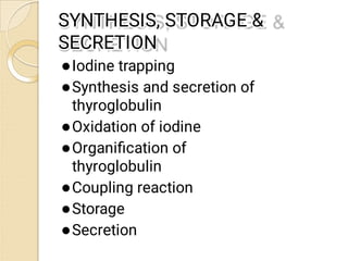 SYNTHESIS, STORAGE &
SYNTHESIS, STORAGE &
SECRETION
SECRETION














Iodine trapping
Iodine trapping
...