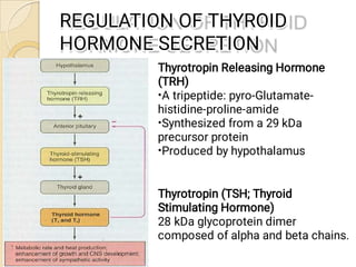 REGULATION OF THYROID
REGULATION OF THYROID
HORMONE SECRETION
HORMONE SECRETION
•
•
•
•
•
•
Thyrotropin Releasing Hormone
...