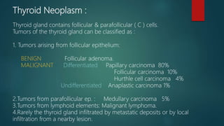 Thyroid Neoplasm :
Thyroid gland contains follicular & parafollicular ( C ) cells.
Tumors of the thyroid gland can be classified as :
1. Tumors arising from follicular epithelium:
BENIGN Follicular adenoma.
MALIGNANT Differentiated Papillary carcinoma 80%
Follicular carcinoma 10%
Hurthle cell carcinoma 4%
Undifferentiated Anaplastic carcinoma 1%
2.Tumors from parafollicular ep. : Medullary carcinoma 5%
3.Tumors from lymphoid elements: Malignant lymphoma.
4.Rarely the thyroid gland infiltrated by metastatic deposits or by local
infiltration from a nearby lesion.
 